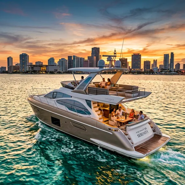 Luxury motor yacht cruising off Miami at sunset